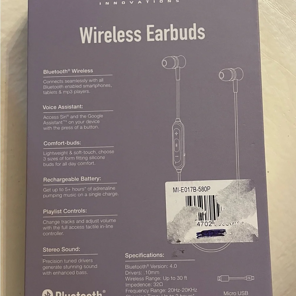 Wireless Bluetooth Earbuds in Purple-Brand New. Sealed.